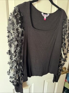 No Boundaries Black Ribbed Top with Floral Mesh Sleeves